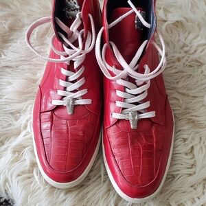 Vibrant Red High-Top Sneakers with Textured Leather